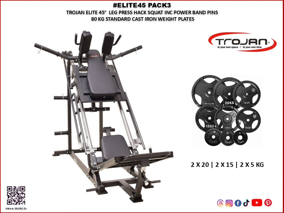 Elite45° Leg Press Hack Squat 850 Lbs Load 80 Kg STD Plates PAK 3